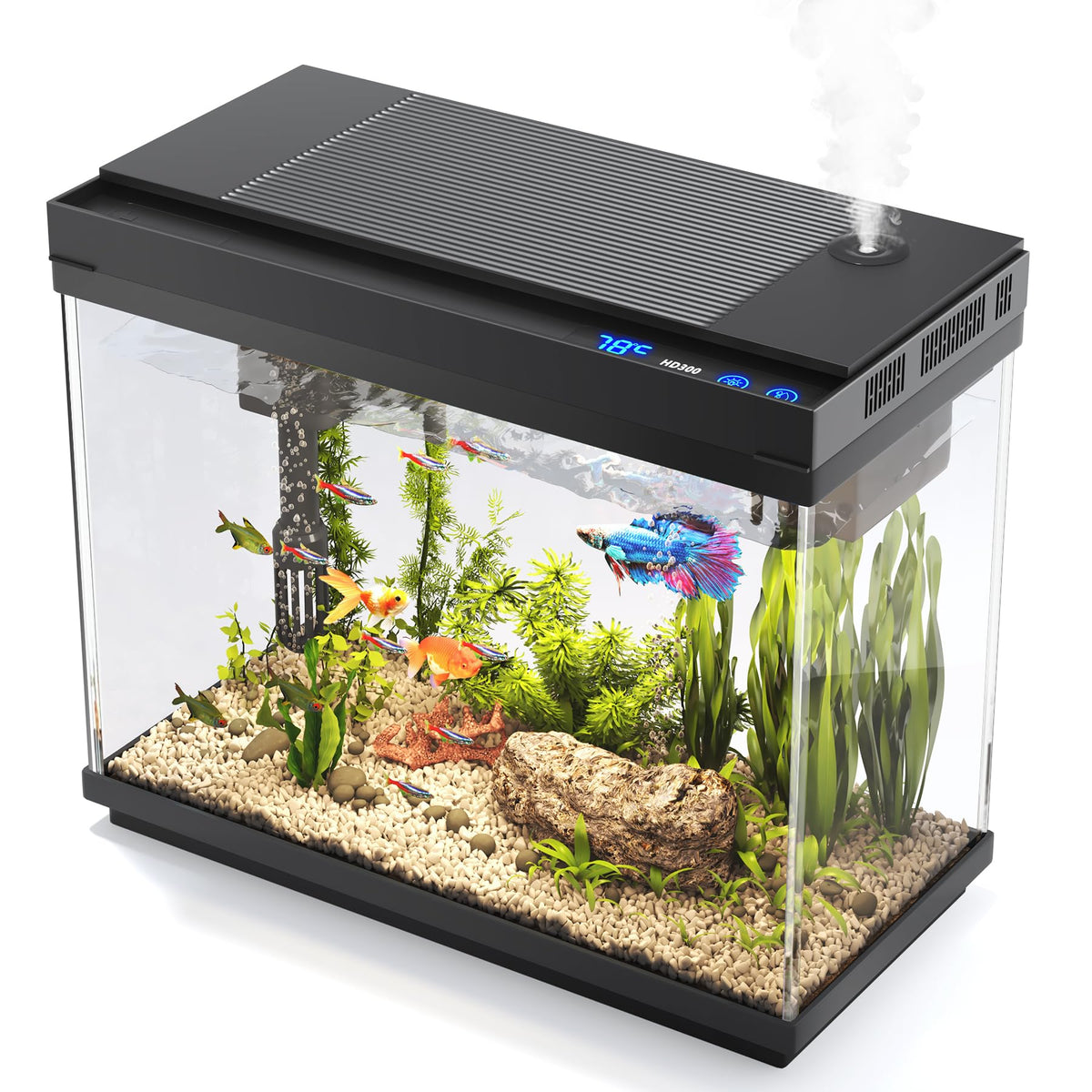 Vehipa Fish Tank, 2.4 Gallon Fish Aquarium, Fish Tank Starter kit with Smart Humidifier, Temperature Display, 