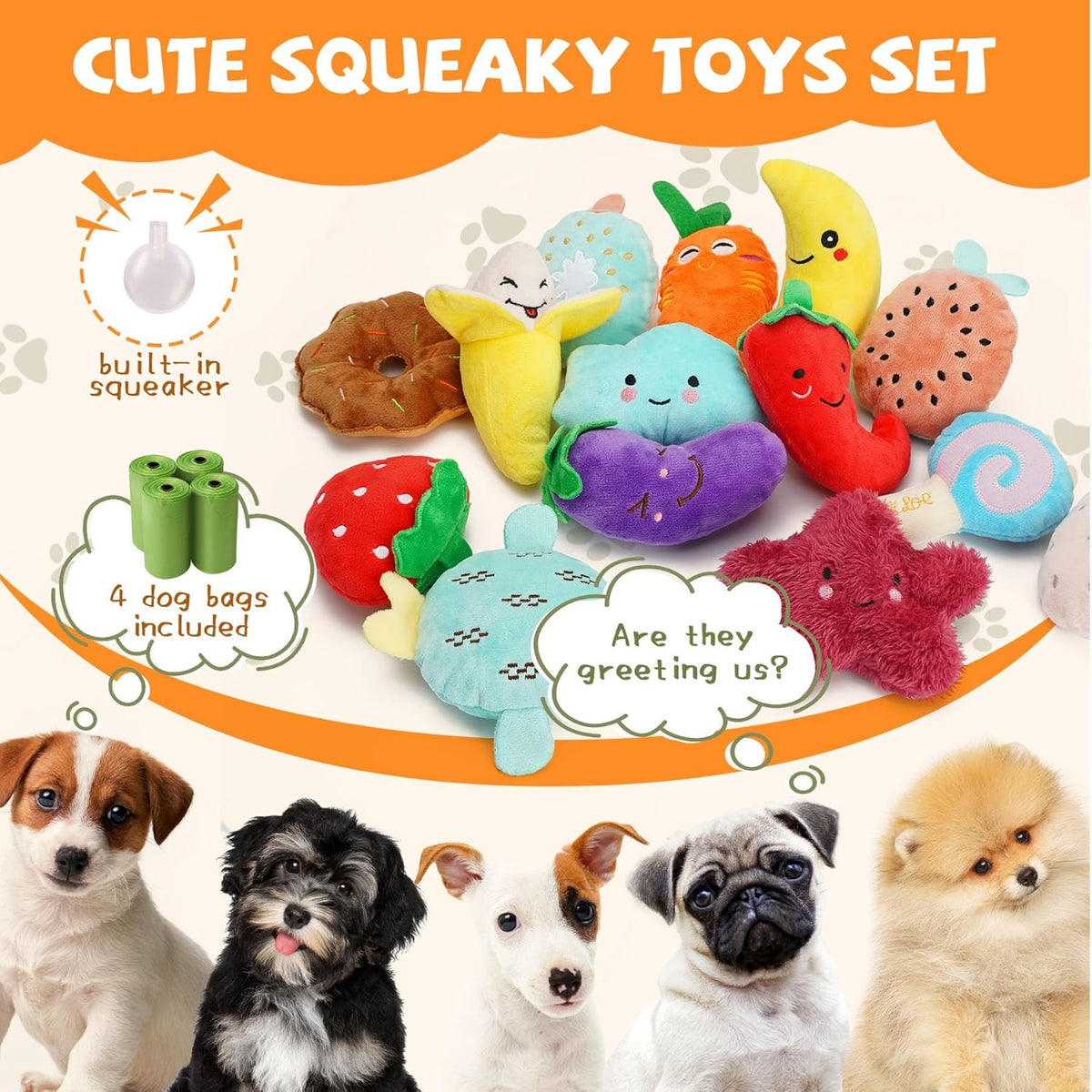 QTwoof Cheerful 20-Pack Squeaky Dog Toys Set - Included 4 Dog Bags, Plush Puppy Toys with Irresistibly Cute Ch - view 2