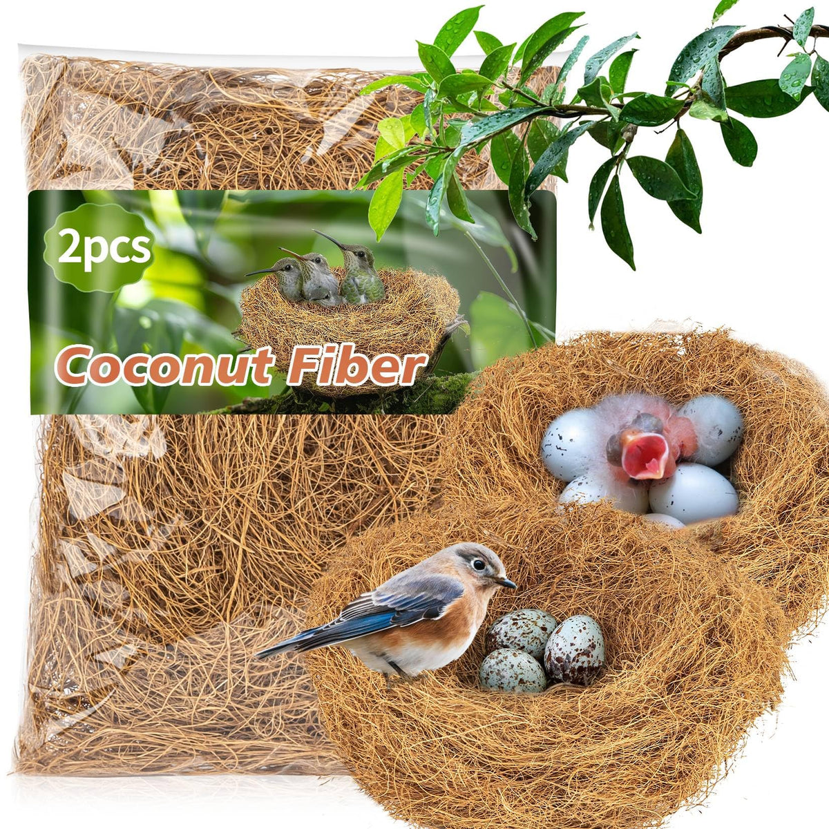 Sukh 2PCS Coconut Fiber for Bird Nest - Canary Nesting Material Coconut Bird Nest Finch Coconut Fiber Loose Be