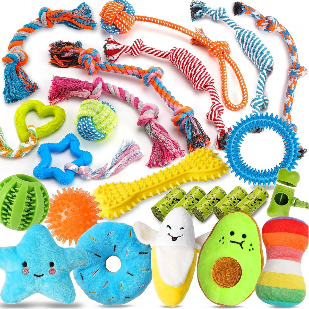 Zeaxuie 25 Pack Luxury Dog Chew Toys for Puppy, Dog Toys with Ropes, Treat Ball and Squeaky Puppy Toys for Tee