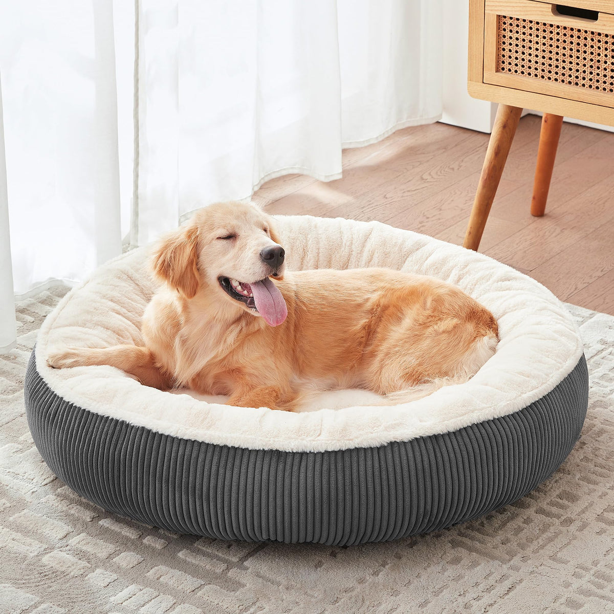 36 inches Donut Dog Bed for Large Dogs - Calming Round Pet Bed with Removable&Washable Cover, Plush Faux Fur &