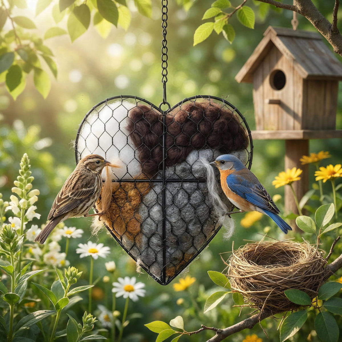 Handmade Fiber Bird Nesting Heart, Nesting Material for Wild Bird, Refillable Nesting Accessories, Hummingbird