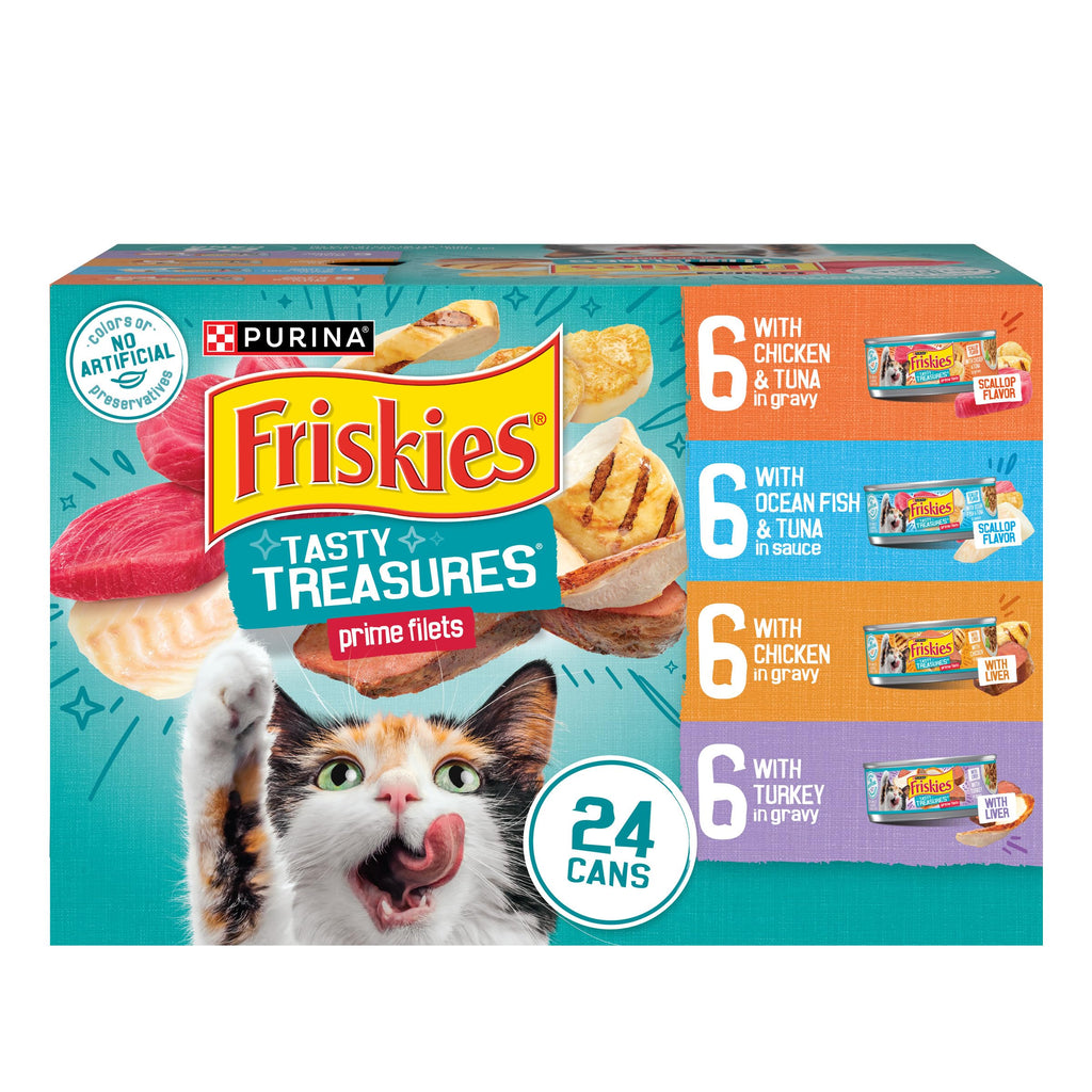 Purina Friskies Wet Cat Food Variety Pack, Tasty Treasures Filets (With Chicken and Tuna, With Chicken, and Wi