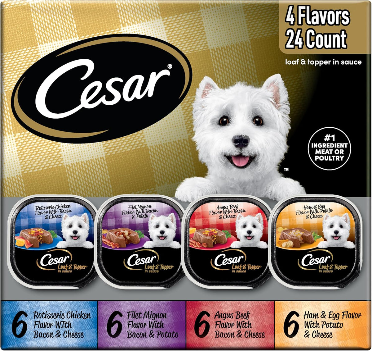 Cesar Loaf in Sauce Wet Dog Food Rotisserie Chicken, Filet Mignon, Angus Beef, and Ham & Egg Flavors Variety P