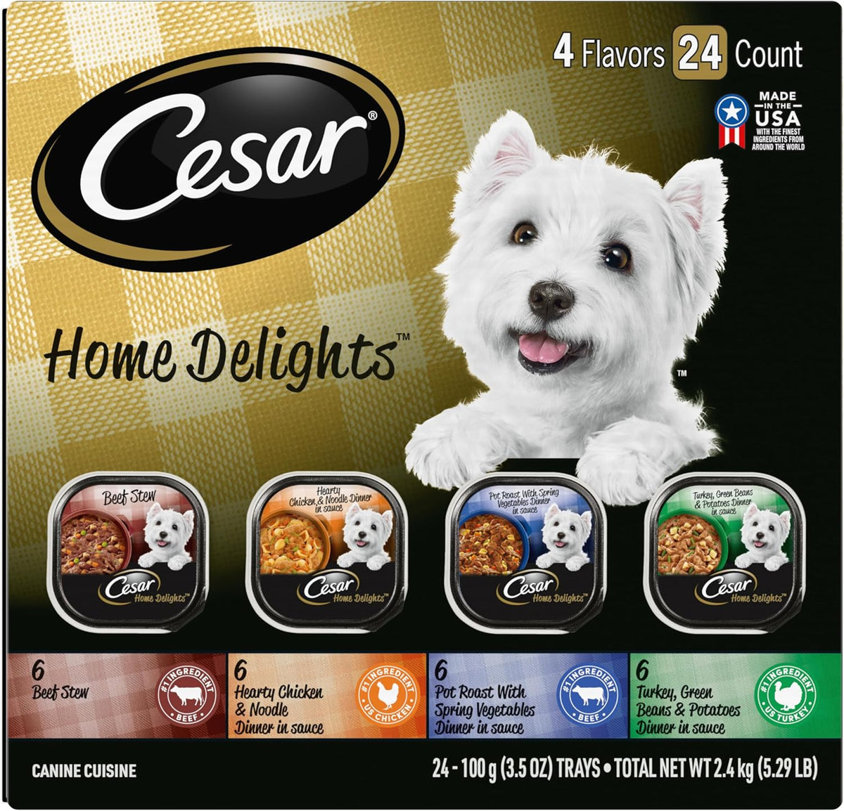Cesar Home Delights Adult Wet Dog Food, Pot Roast with Spring Vegetables, Beef Stew, Turkey, Green Beans, & Po