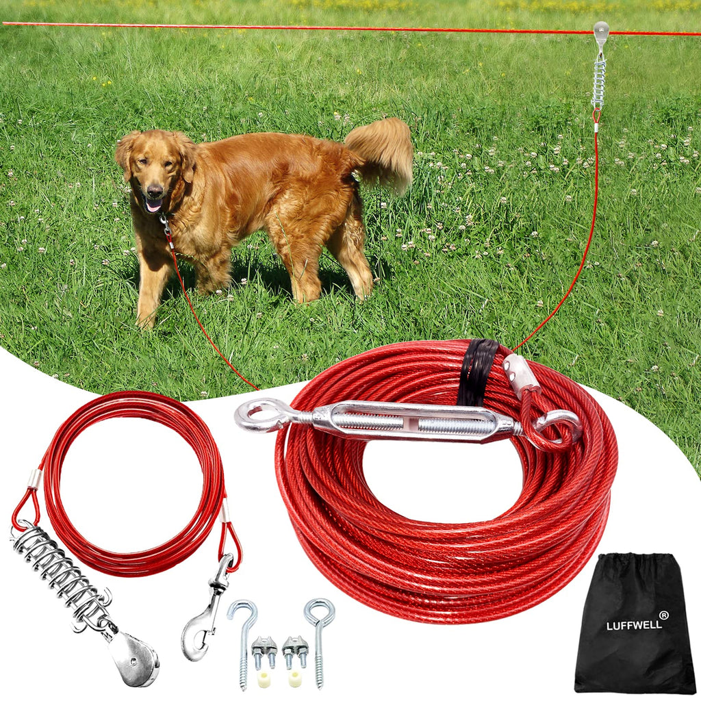 100FT Dog Runner for Yard with 15FT Tie Out Cable - Heavy Duty Trolley System for Large Dogs Up to 250LBS, Bac